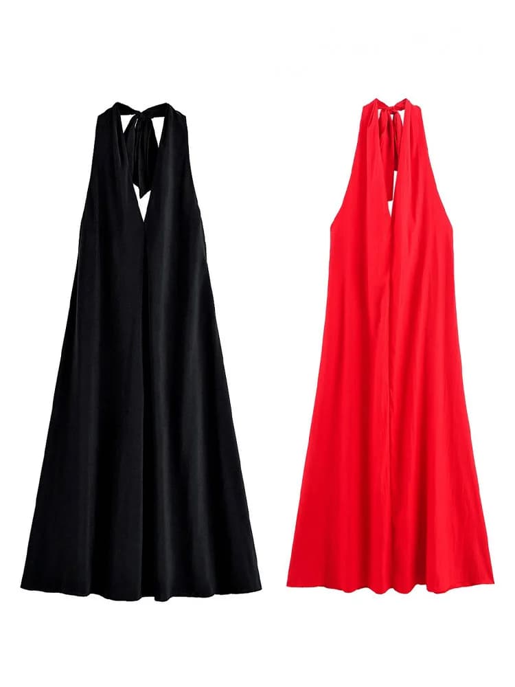 HH Donna Colletto appeso al collo Abiti solidi Abito longuette estivo da donna Moda pieghettato senza maniche con fiocco Decora abito senza schienale