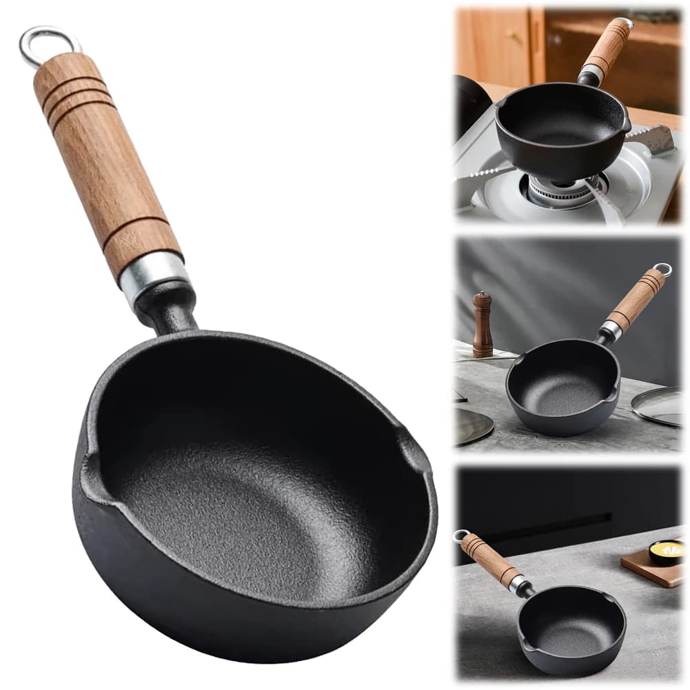 Padella Mini in Ghisa da 11/13 cm con Beccuccio, Piccolo Wok, Pentola per Latte, Pentola per Sciogliere il Burro, Universale per Fornelli a Gas e a Induzione