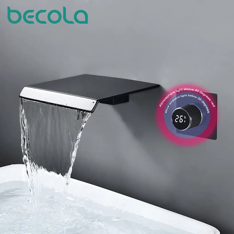 rubinetto da bagno in ottone nero con display digitale a LED di lusso, design incorporato, rubinetto per lavabo a 2 fori con maniglia singola, acqua calda e fredda