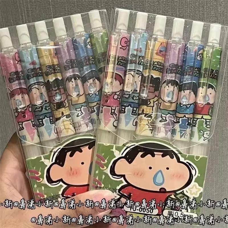 6pcs Crayon Shin-chan Student Press Gel Pen Set Creative Cartoon Stationery 0.5mm Bullet Tip Black Ink Writing Gift for School