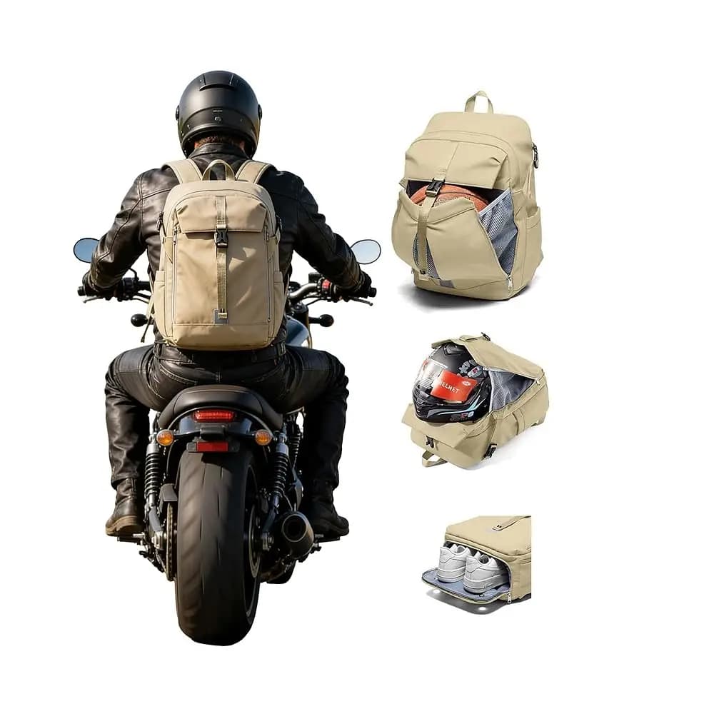 Zaino Portacasco Gratuito per Moto, Viaggi, Ciclismo, Escursionismo - Unisex Adulto - Beige - 12.2"L x 4.7"W x 18.1"H - 20L
