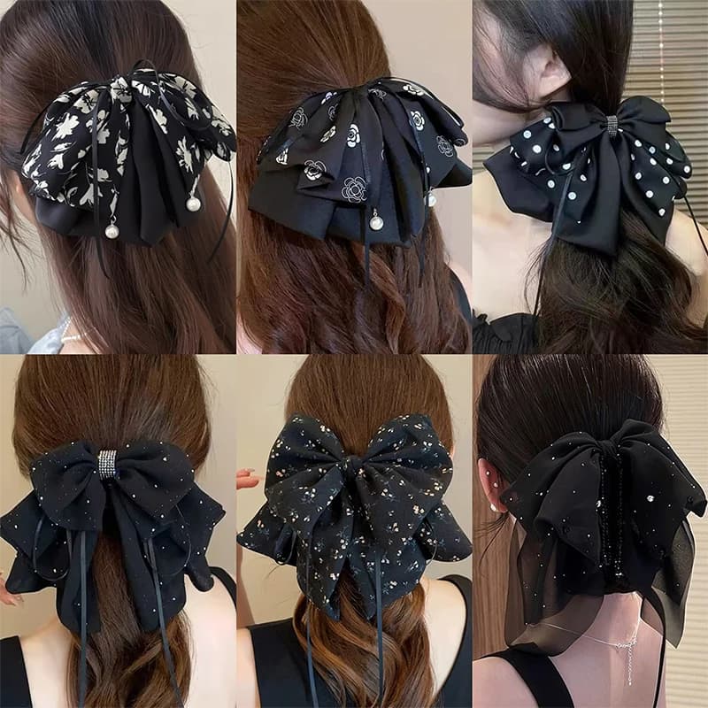 Copricapo con clip per coda di cavallo con fiocco in chiffon con stampa floreale elegante e versatile per accessori per capelli con fermaglio per capelli con fiocco dolce per ragazze