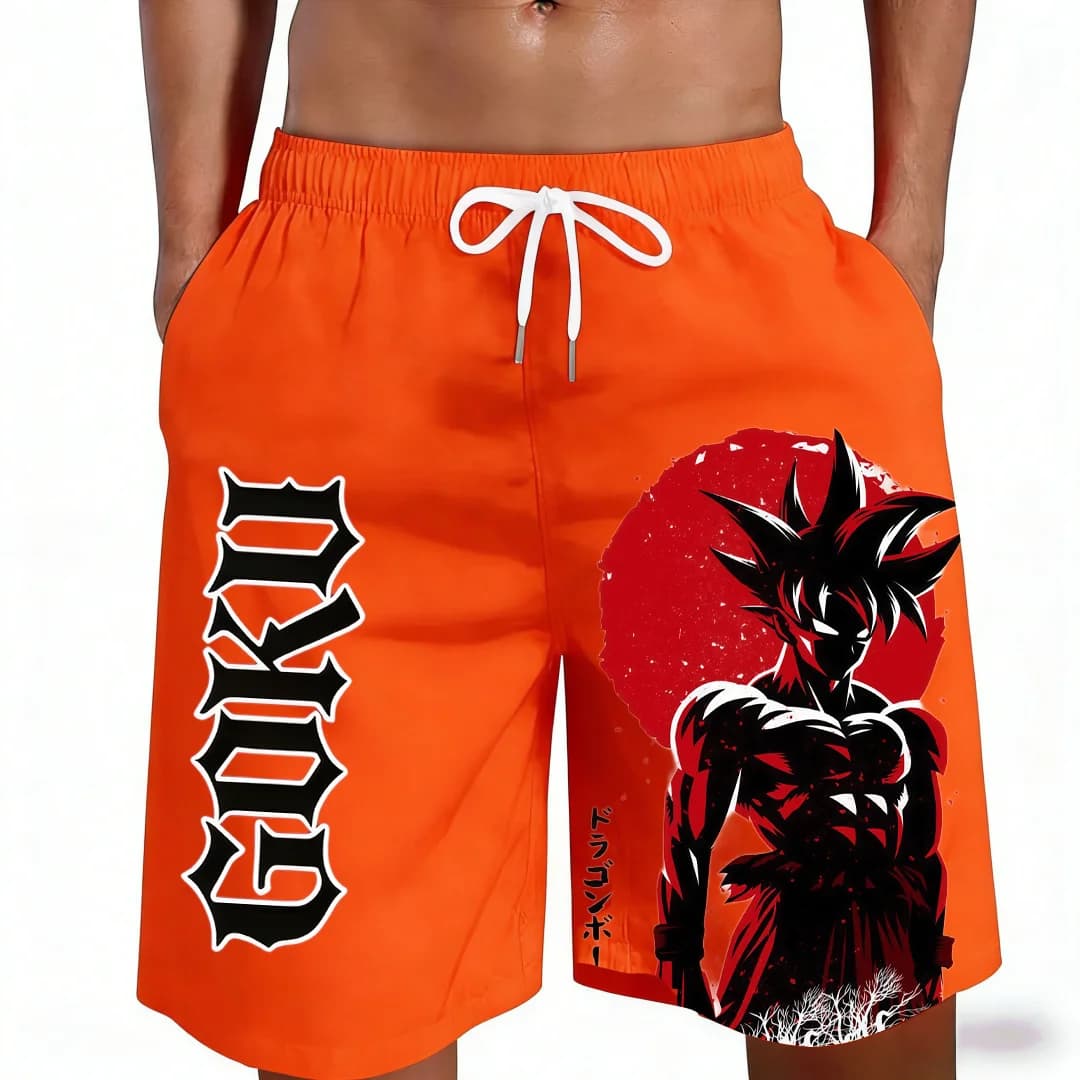 Pantaloncini da Spiaggia Dragon Ball Goku Red Sun Silhouette 2026 per Uomo, Donna e Bambino, Asciugatura Rapida, Outfit Coordinati per Famiglia