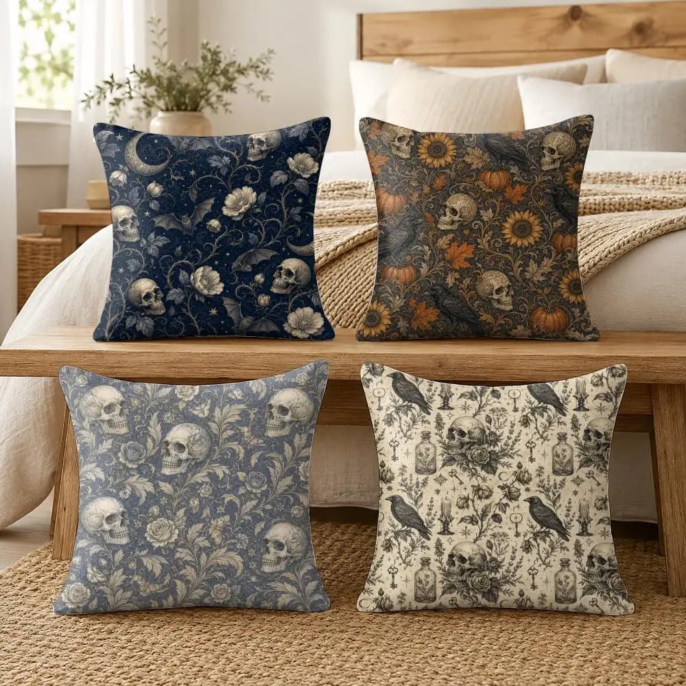 Floral Gothic Skull Cushion Cover Soft Short Plush Pillow Cover Smooth Cozy Texture Cushion Case Home Decor