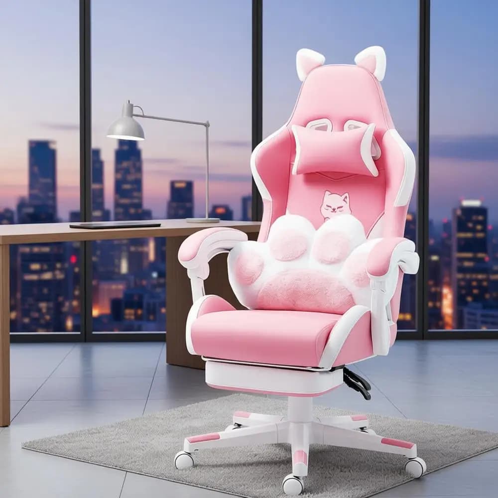 Sedia da gaming ergonomica in pelle PU con girevole e reclinabile regolabili, 360 ° Rotazione, 45 altezze, rosa per adulti e bambini