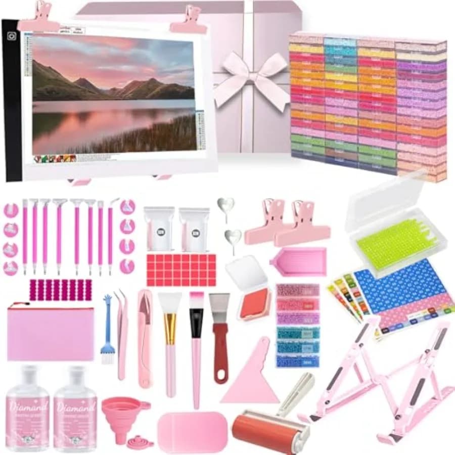 Kit Completo di 185 Pezzi per Diamond Painting, Set di Accessori per Arte con Diamanti, Include Kit Luce LED, Supporto e Strumento a Punta Convessa