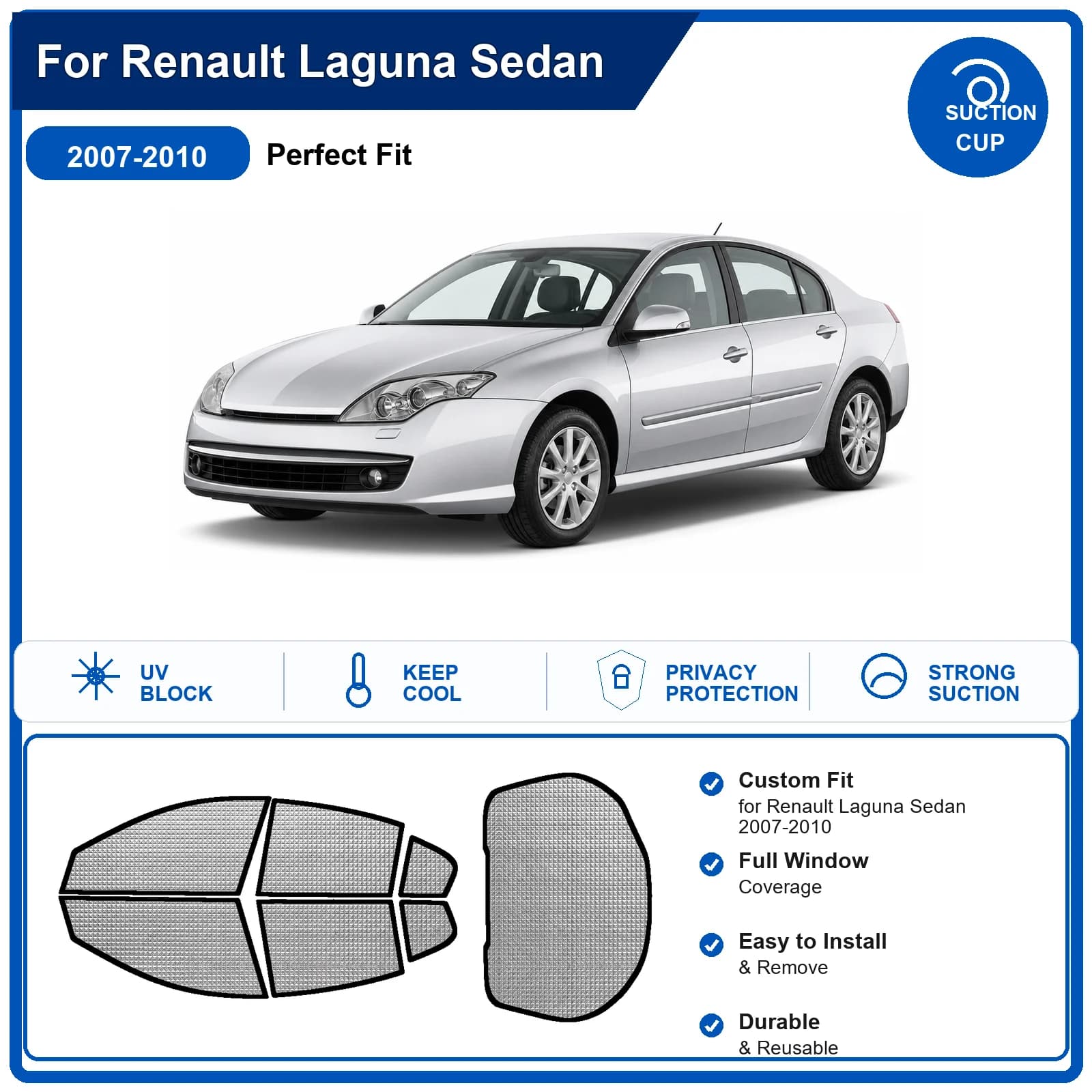 For Renault Laguna Sedan 2007-2010 Custom Full Set Windshield Sun Shade Aluminum Foil Heat Insulation Anti UV Foldable