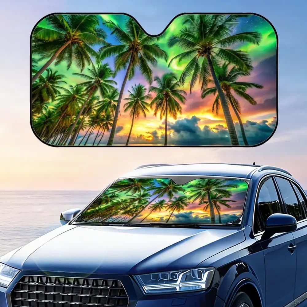 Parasole Pieghevole Universale per Auto con Motivo Palma Tropicale, Protezione UV e Isolamento Termico