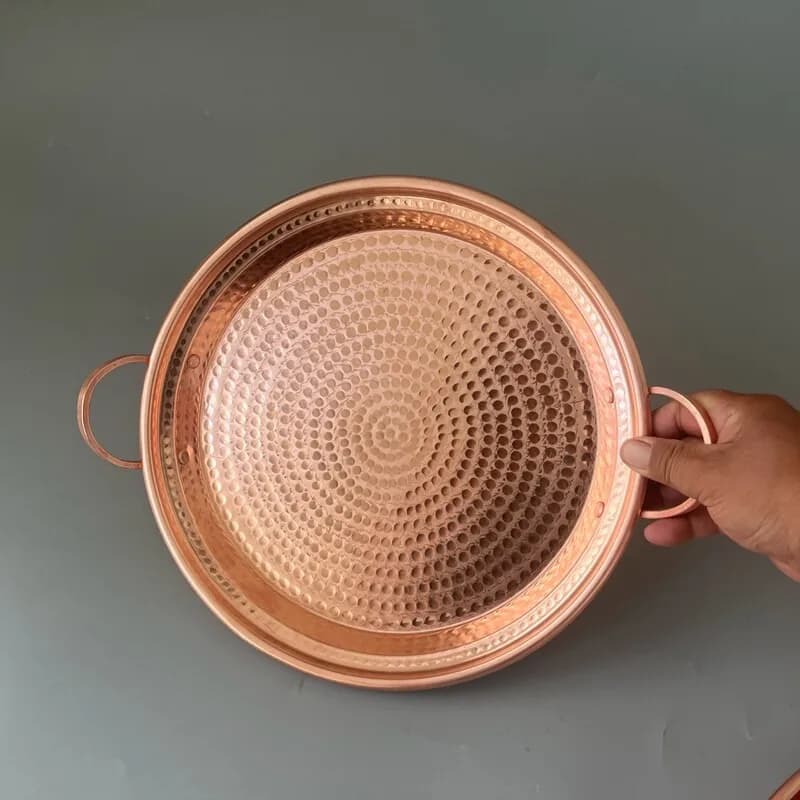 Hammered Red Copper Flat Pan With Double Handles Hand Forged Thick‑Walled Copper Tray For Frying Baking Hot Pot Home Cooking