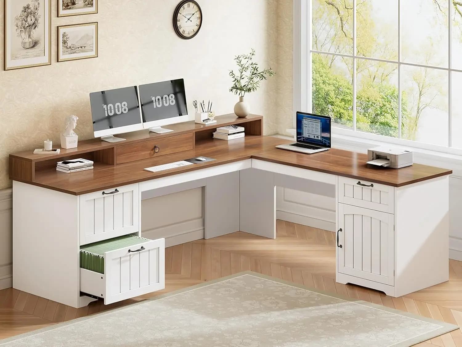 L Desk with Drawers, Document Holder, Monitor Support, Computer Wood Corner, Home Office, 63 Inches, Brown and White, Customizable