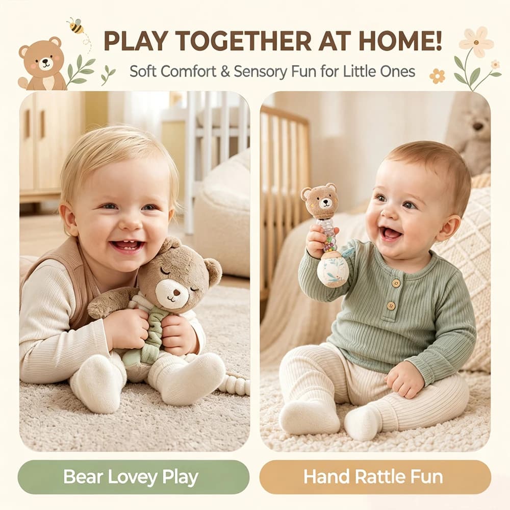 Baby Rattle Toys 2 Piece Set Soft Plush Bear with Silicone Teether Sensory Toys for Infant Visual Exercise and Grasping Toys