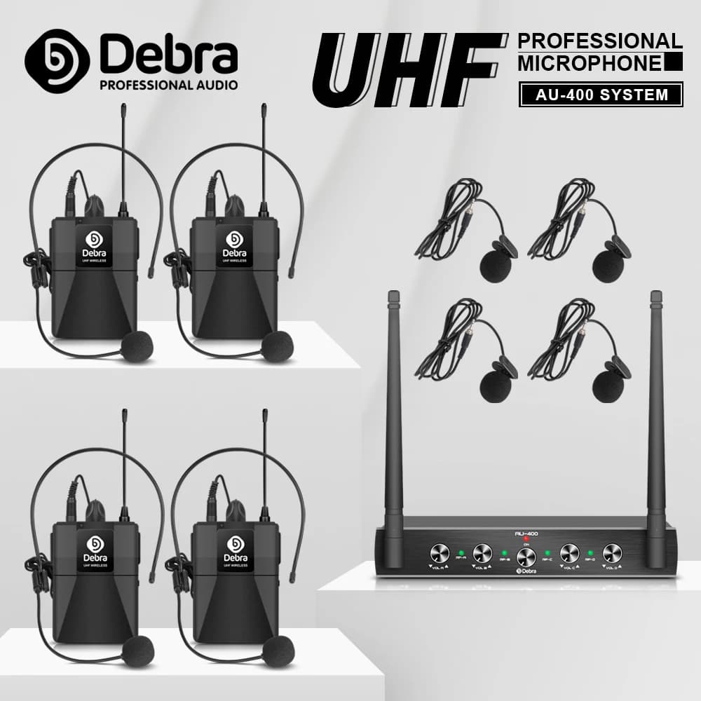 Debra Audio Pro UHF Sistema microfonico wireless a 4 canali con 4 cuffie lavalier con marsupio Microfono portatile per feste in chiesa karaoke