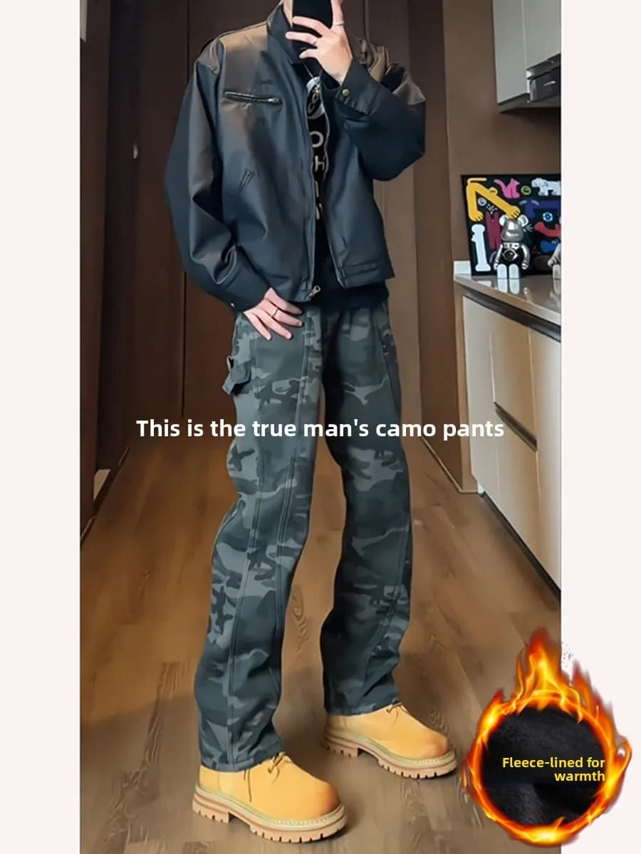American Camouflage Work Pants Men's Autumn Winter Fce Lined Warm Patchwork Jeans Cleanfit Haome Straight Leg Pants