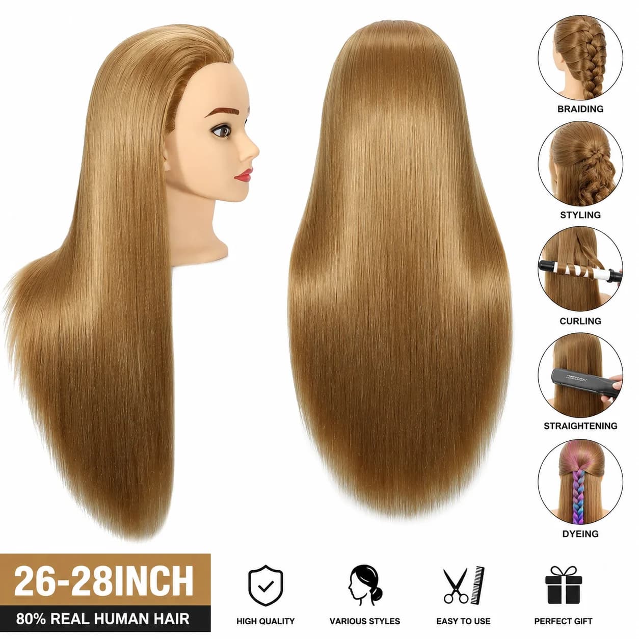 Manichino head with 90% of Veri Human Hair - 28 Inches, for Make-up, Cosmetology, Hairstyles, Braiding Practice, with Faux Eyelashes, Set for Styling Hair