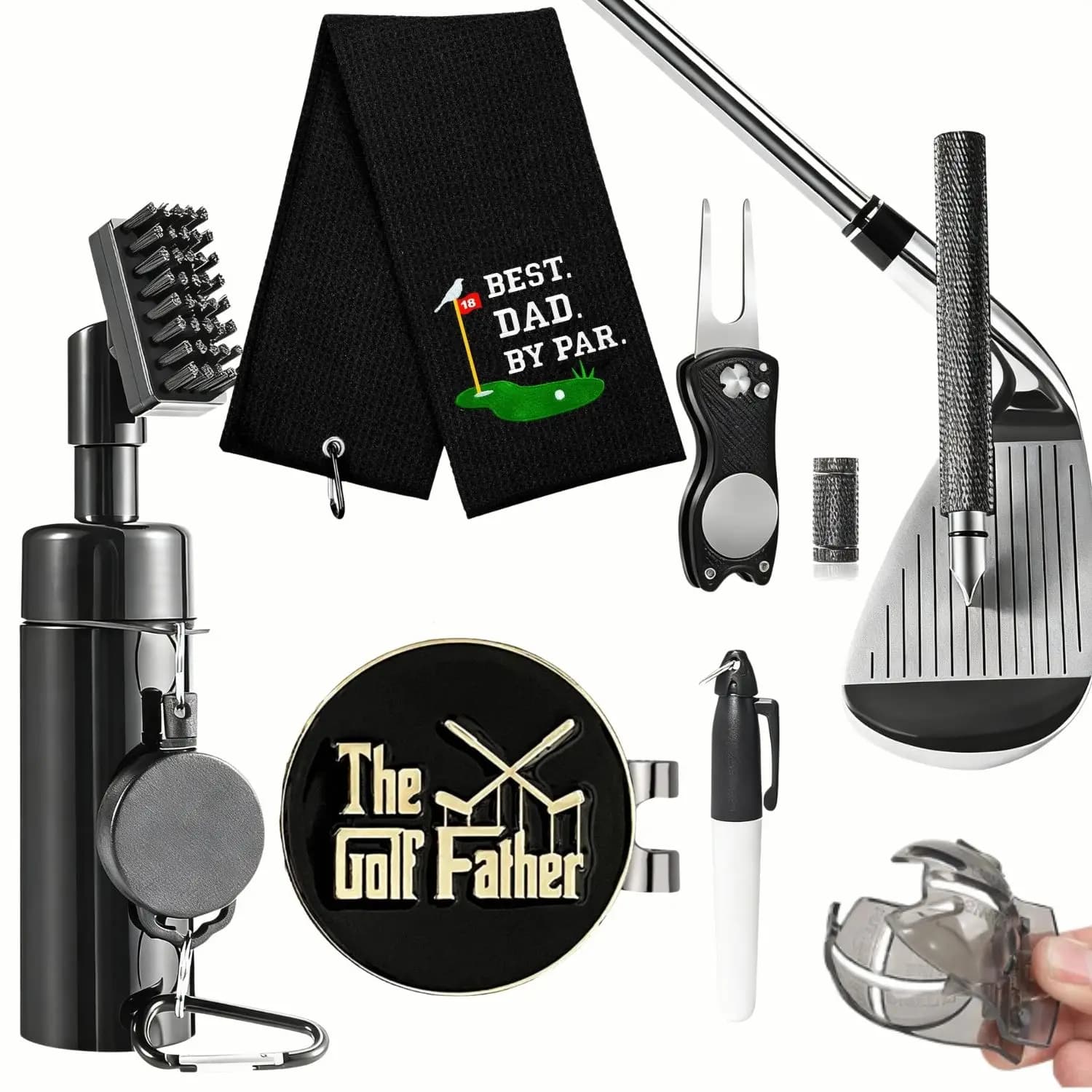 Golf Dad Cleaning Kit with Golf Club Cleaner with Water Golf Towel Divot Repair Tool Groove Sharpener Golf Ball Alignment Kit