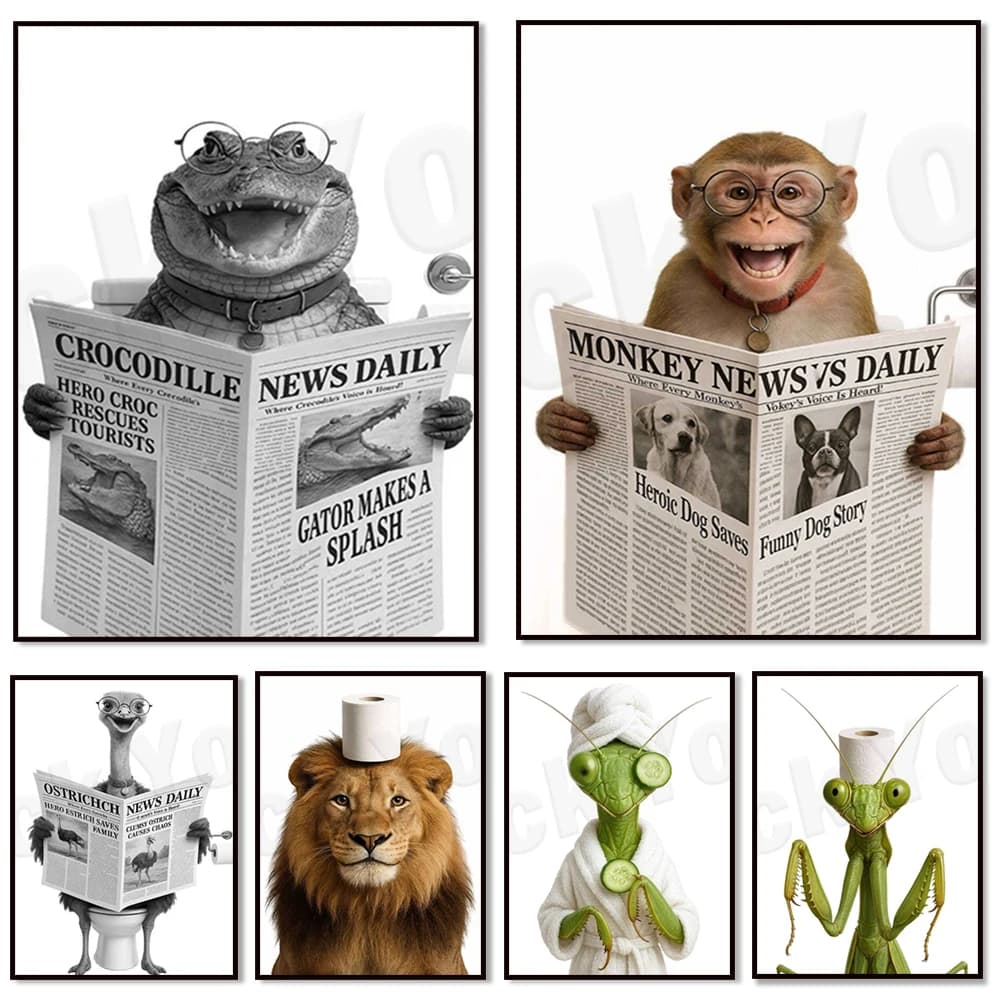 Animals using the toilet: lions, jaws, monkeys, crocodiles and oysters wearing bathrobes; posters for bathroom decoration.