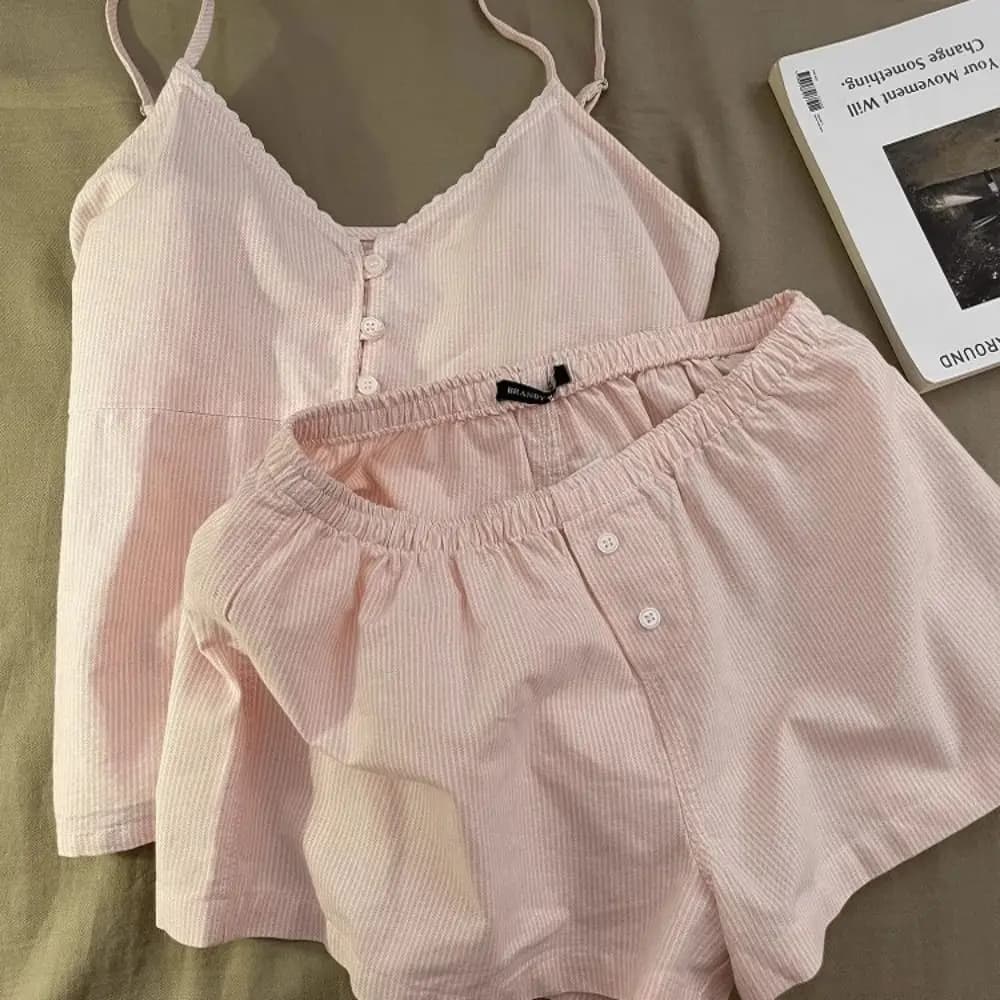 Cotton Striped Pajamas Suit with Padded Sleeping Home Suit Sleeveless Shorts Set Home Clothing Set Women Nightwear
