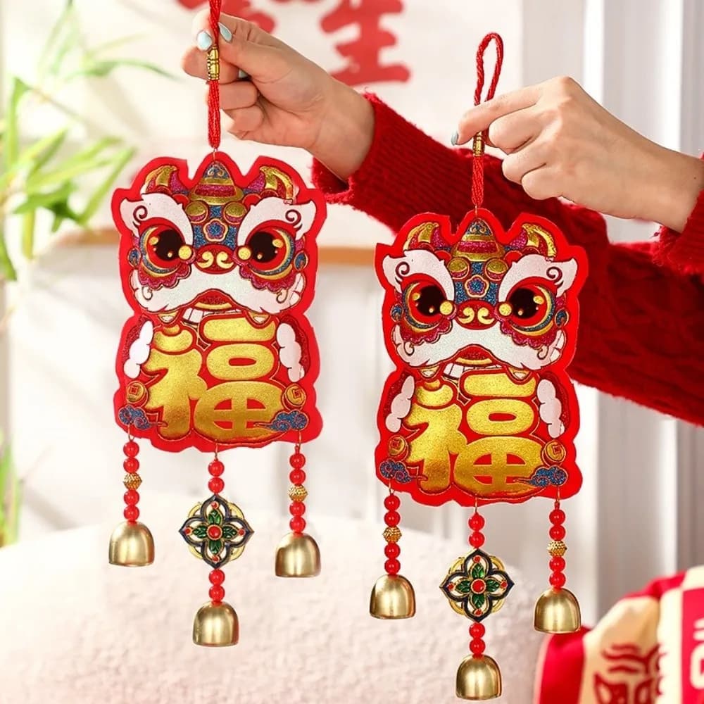 Craft Chinese New Year Festival Pendant Lion Dance Pattern Embroidery Lion Dance Wind Chime Hanging Ornament Door Decor