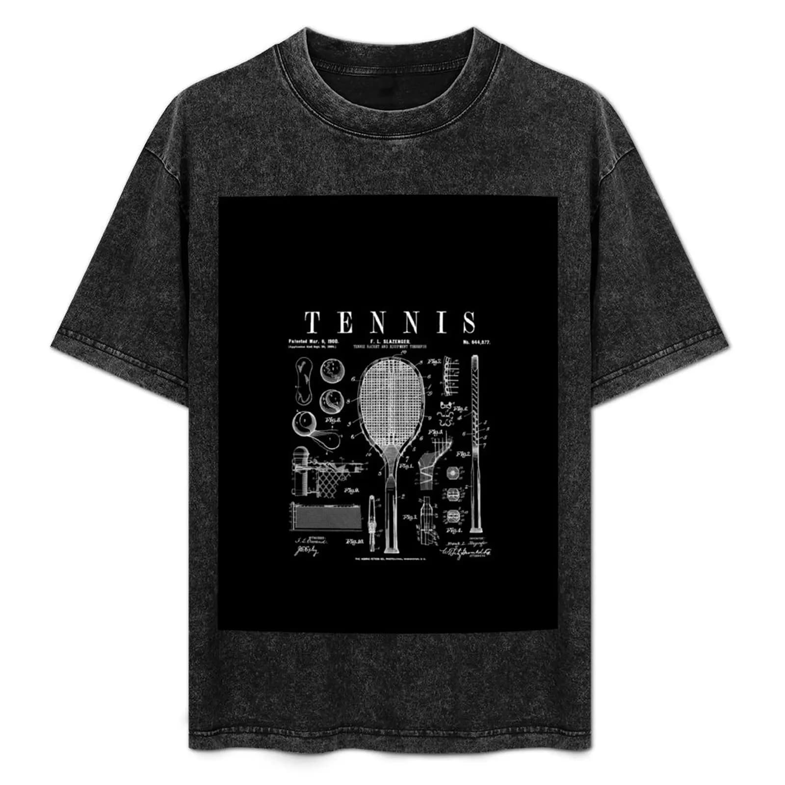 T-shirt con stampa di disegni brevettati vintage di racchette e palline da tennis, maglietta casual per il Ringraziamento