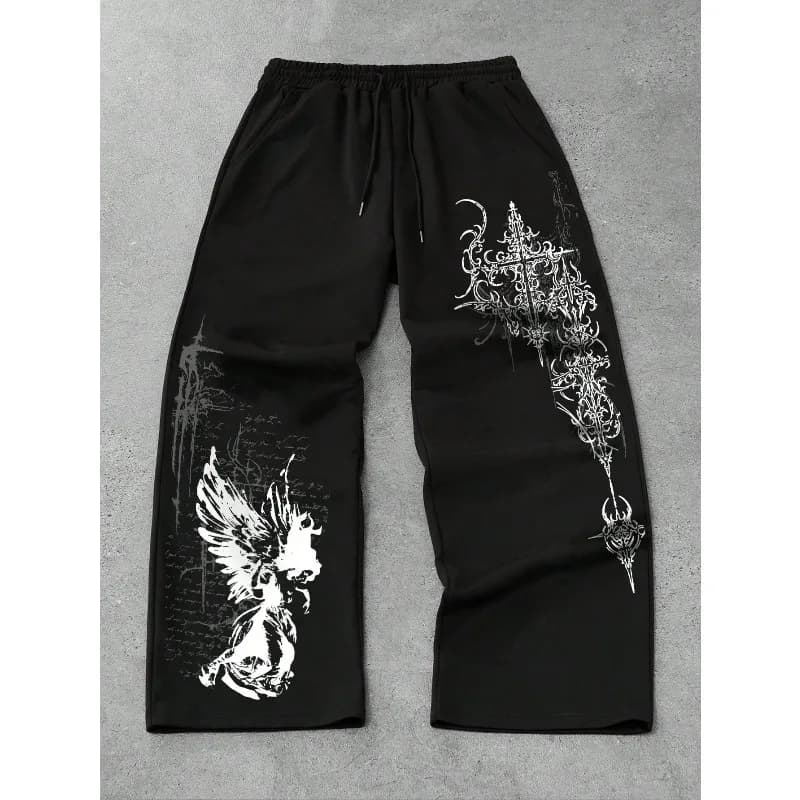 2026 Men's and Women's Y2K Gothic Angel Print Wide Leg Sports Pants Wear Hip-hop Casual Drawstring Pants Harajuku Street Style