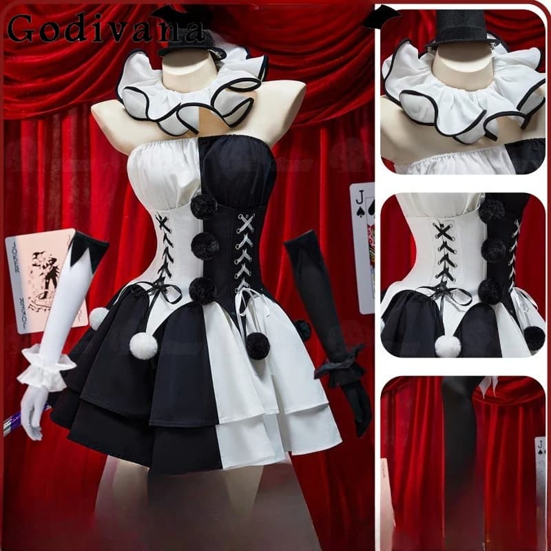 Costume cosplay a blocchi di colore bianco e nero Set gonna da clown gotico di Halloween da donna Set gonna estiva femminile Anime Cos