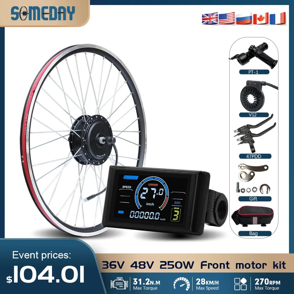 Kit di conversione per bici elettrica 36V/48V 250W con motore brushless a mozzo anteriore, interasse 100mm, per ruote da 16-29 pollici e 700C Kit per E-bike