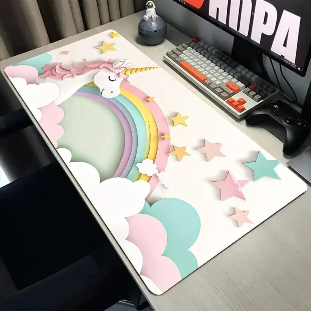 Tappetino per mouse Fantasy Rainbow Unicorn, tappetino da scrivania con bordo cucito, tappetini da gioco antiscivolo, accessori per PC, tastiera, tappetino da scrivania, mauspad