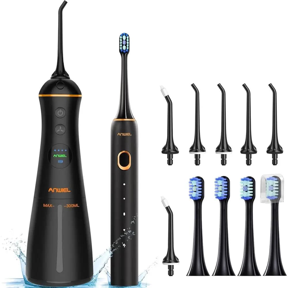 Set 2-in-1 Idropulsore Dentale e Spazzolino Elettrico, Irrigatore da 300ml, 6 Punte, 4 Spazzole, Pulizia Impermeabile di Denti e Gengive