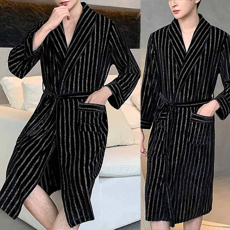 Men Winter Warm Nightwear Kimono Gown Black Stripe Bathrobe Nightgown Velvet Lapel Homewear Sleepwear Pockets Home Clothes