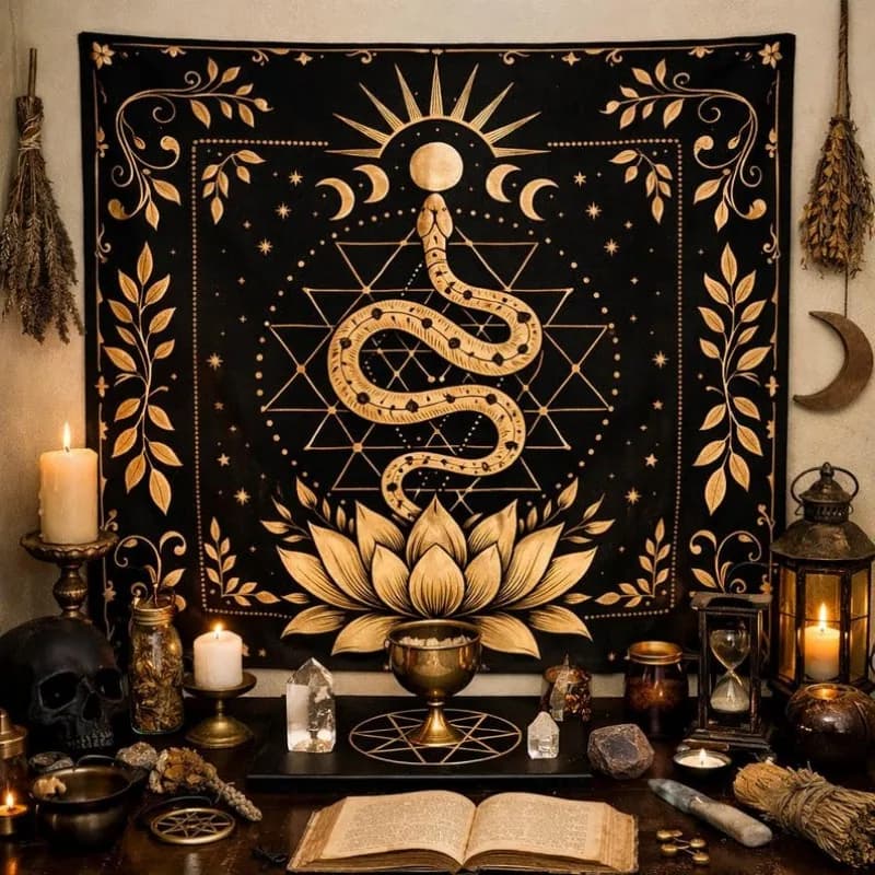 Telo per tarocchi VIKAMA con serpente nero dorato e loto, tovaglia per divinazione stregoniera, decorazione per cerimonie Sole e Luna