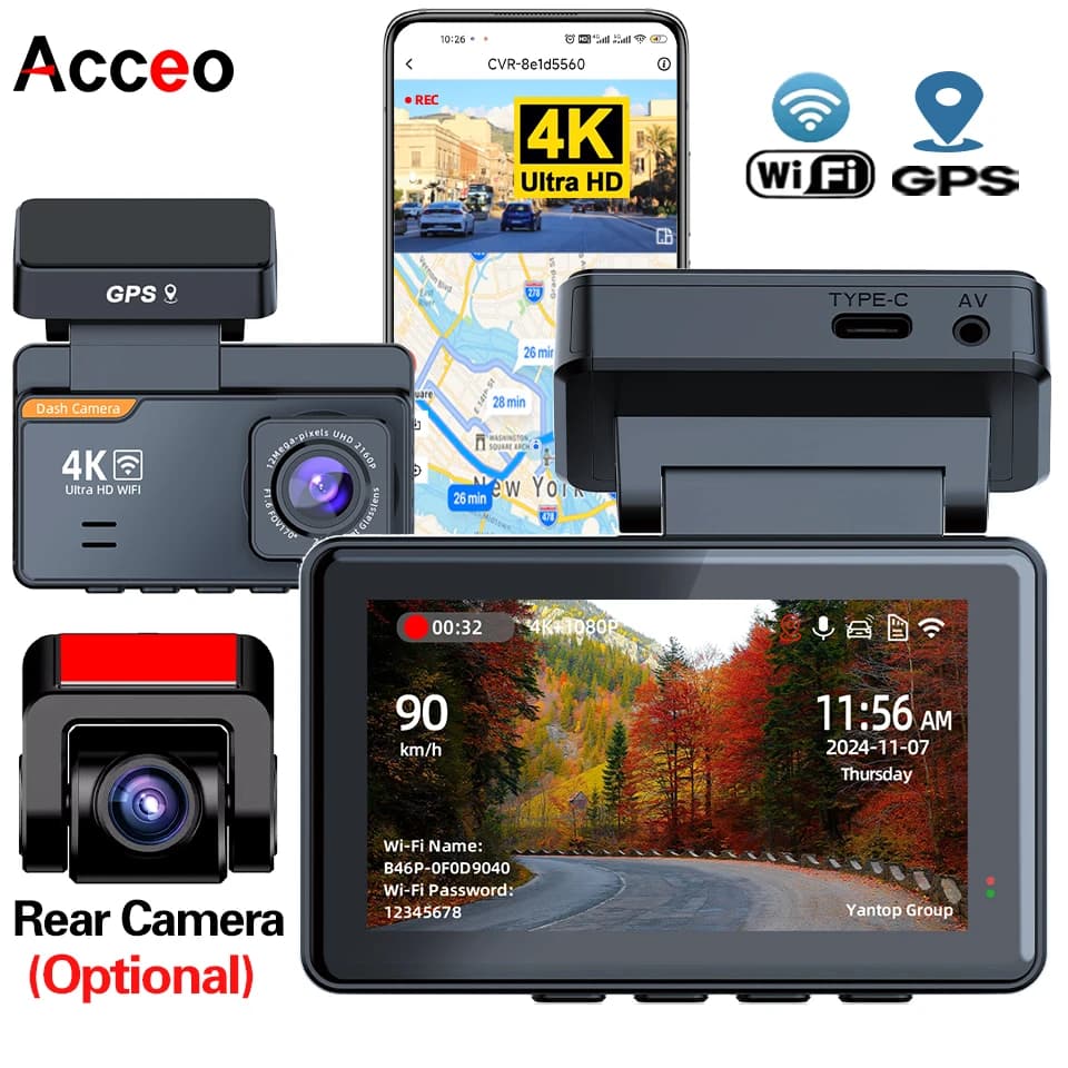 Built-in 3 Inch WiFi UHD Video Recorder and Control APP Car Camera Recorder Dash Cam Night Vision DVR Monitoring Parking 24/7