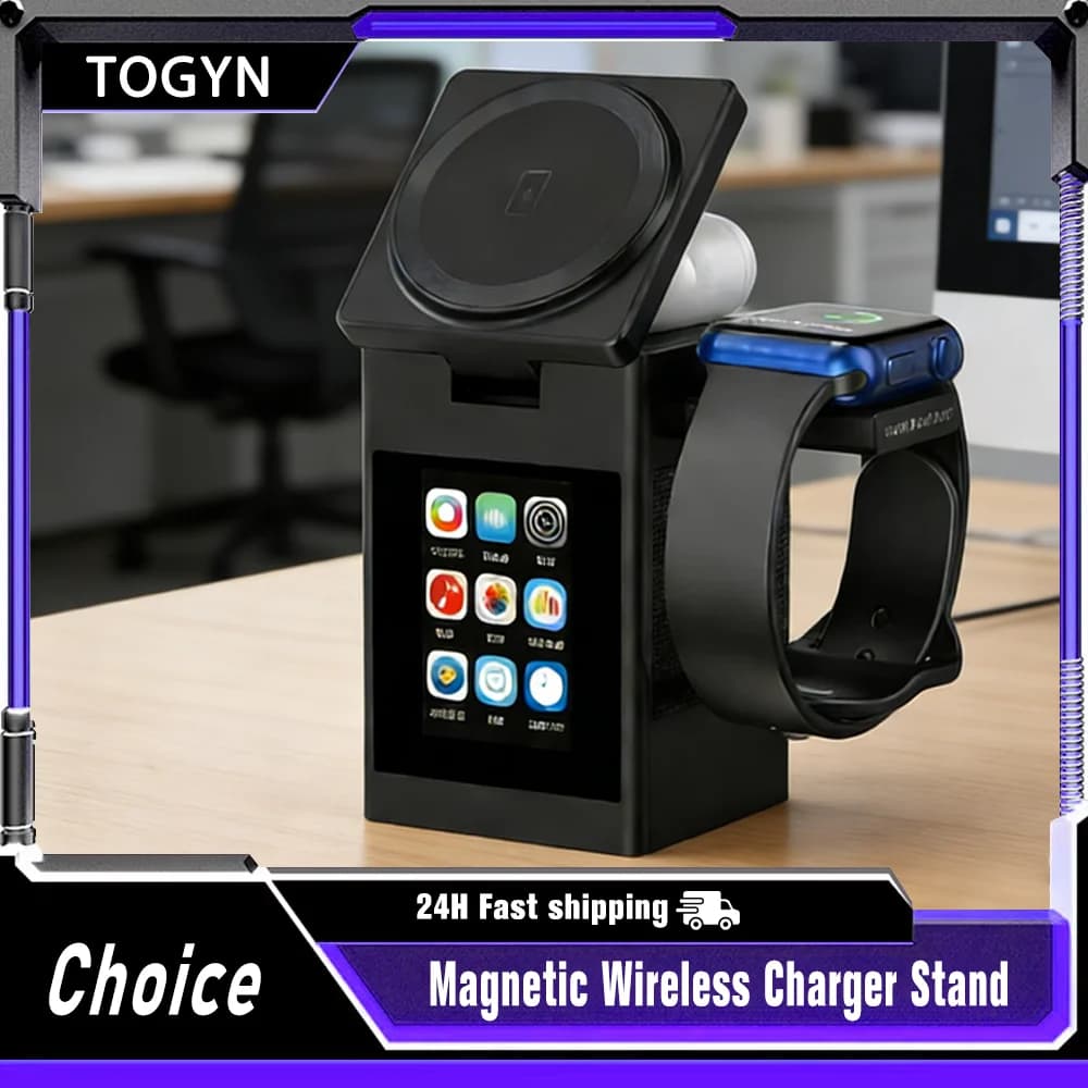 Magnetic wireless charging stand with LED screen, Bluetooth speaker and alarm clock for iPhone 17 16 15 14 Pro Max, Apple Watch, Airpods Pro