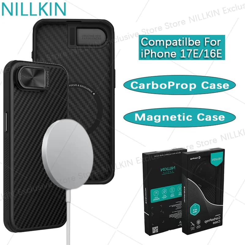 Nillkin per iPhone 17E/16E CarboProp Custodia Magnetica con Copriobiettivo in Fibra Aramidica Intrecciata e Supporto, Cover Protettiva Magsafe