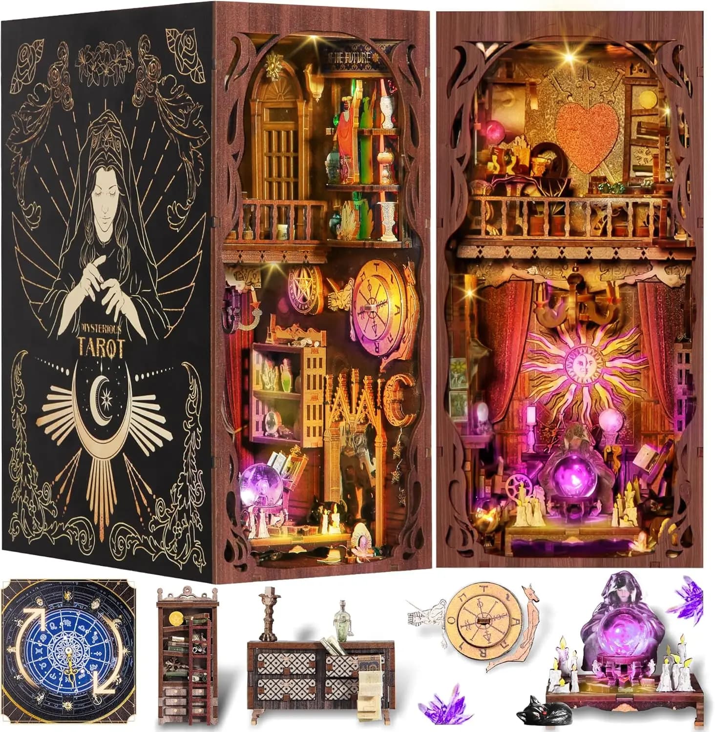 Kit Fai-da-Te per Angolo Lettura con Luce LED, Puzzle 3D in Legno, Libreria in Miniatura, Regalo per Adulti e Adolescenti
