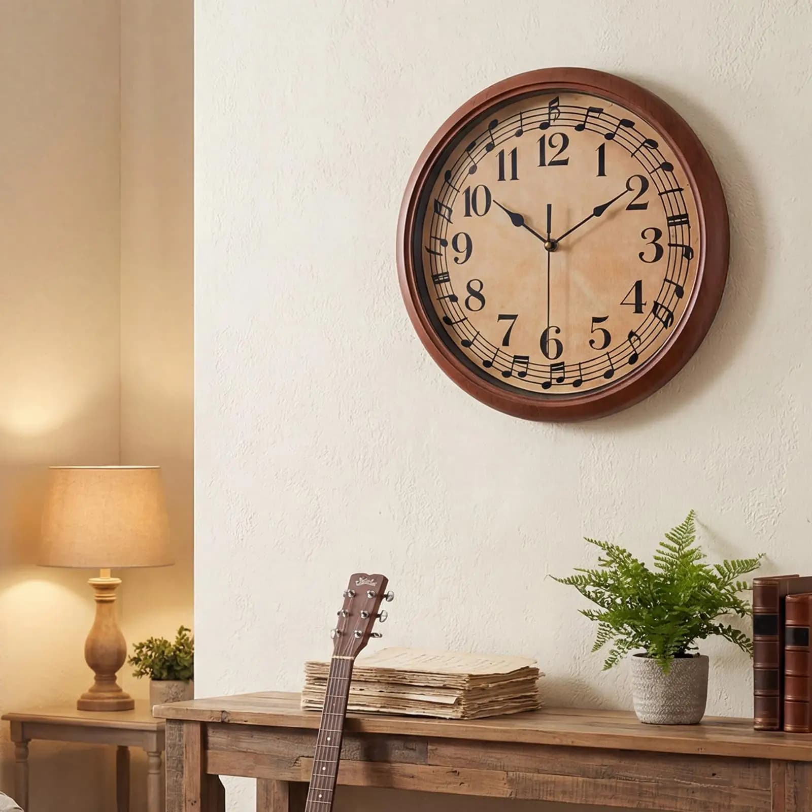 Decorative wall clock with musical note, silent movement, modern design, round analog, easy to read, for home, office, living room