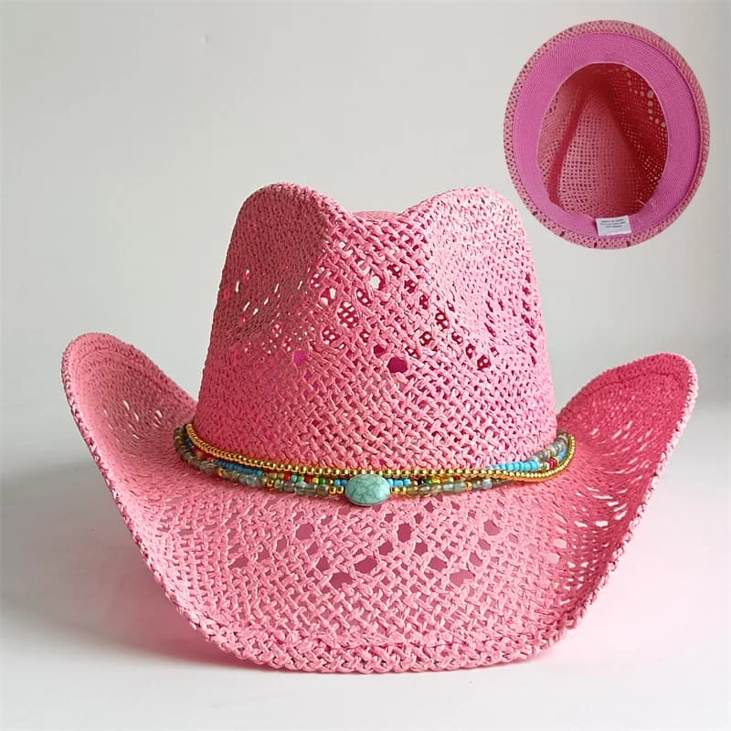 Pink Square Western Cowboy Hat for Women Men Classic Vintage Hollow Out Unisex Curled Wide Brim Sun Hat Elastic Sweatband Cap