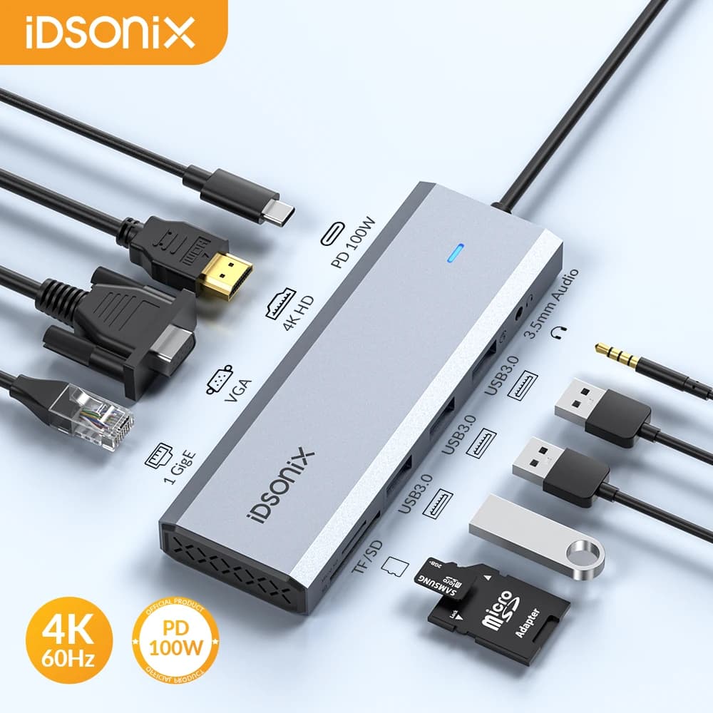 iDsonix Hub USB 3.0 Tipo C 8 in 1, Docking Station Multiporta con HDMI 4K@60Hz, PD100W, Ethernet Gigabit, Lettore di Schede SD/TF