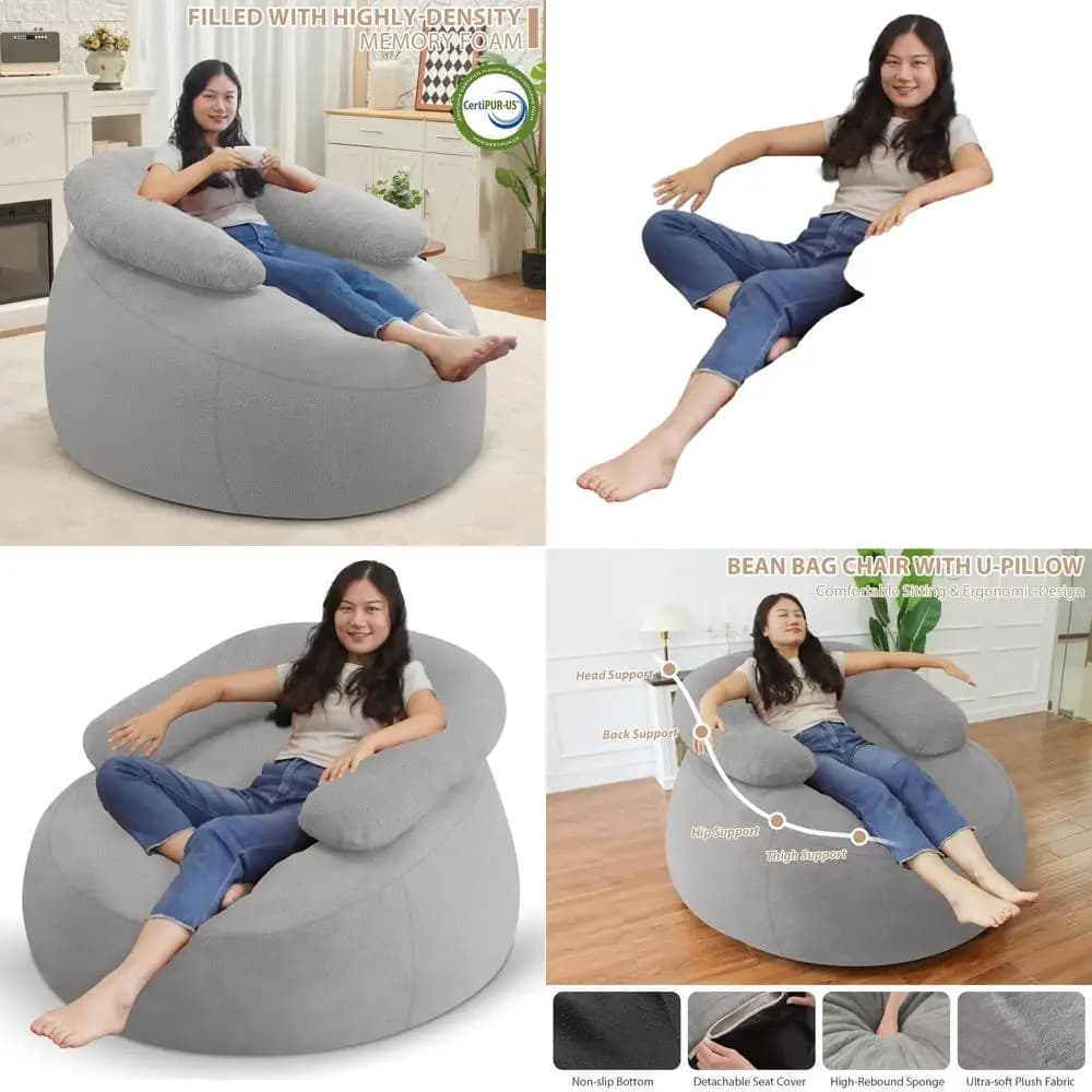 Ultra soft synthetic fur bag armchair with U-shaped cushion, washable lining for adults and children, light grey