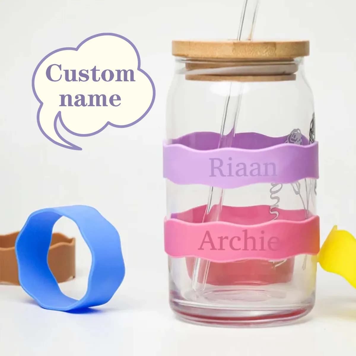 Custom Name Silicone Cup Sleeve Band Engraved Anti-Slip Tumbler Wrap Soft Flexible Colorful Water Bottle Grip Strap For Kids