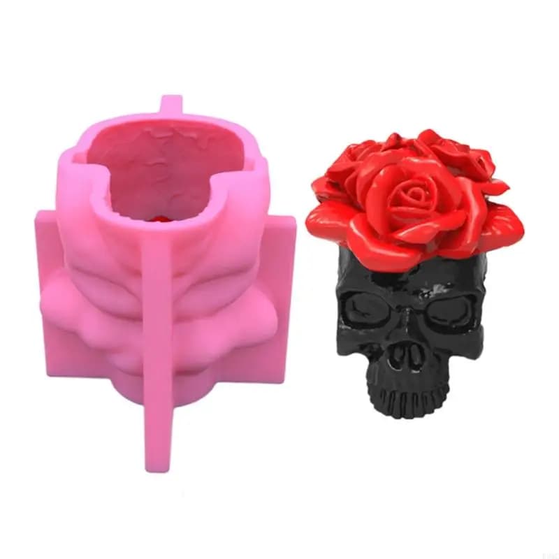 R3MC 3D Rose Skull Silicone Mold Epoxy Resin Casting Mould DIY Plaster Pen Holder Halloween Decoration for DIY Crafts