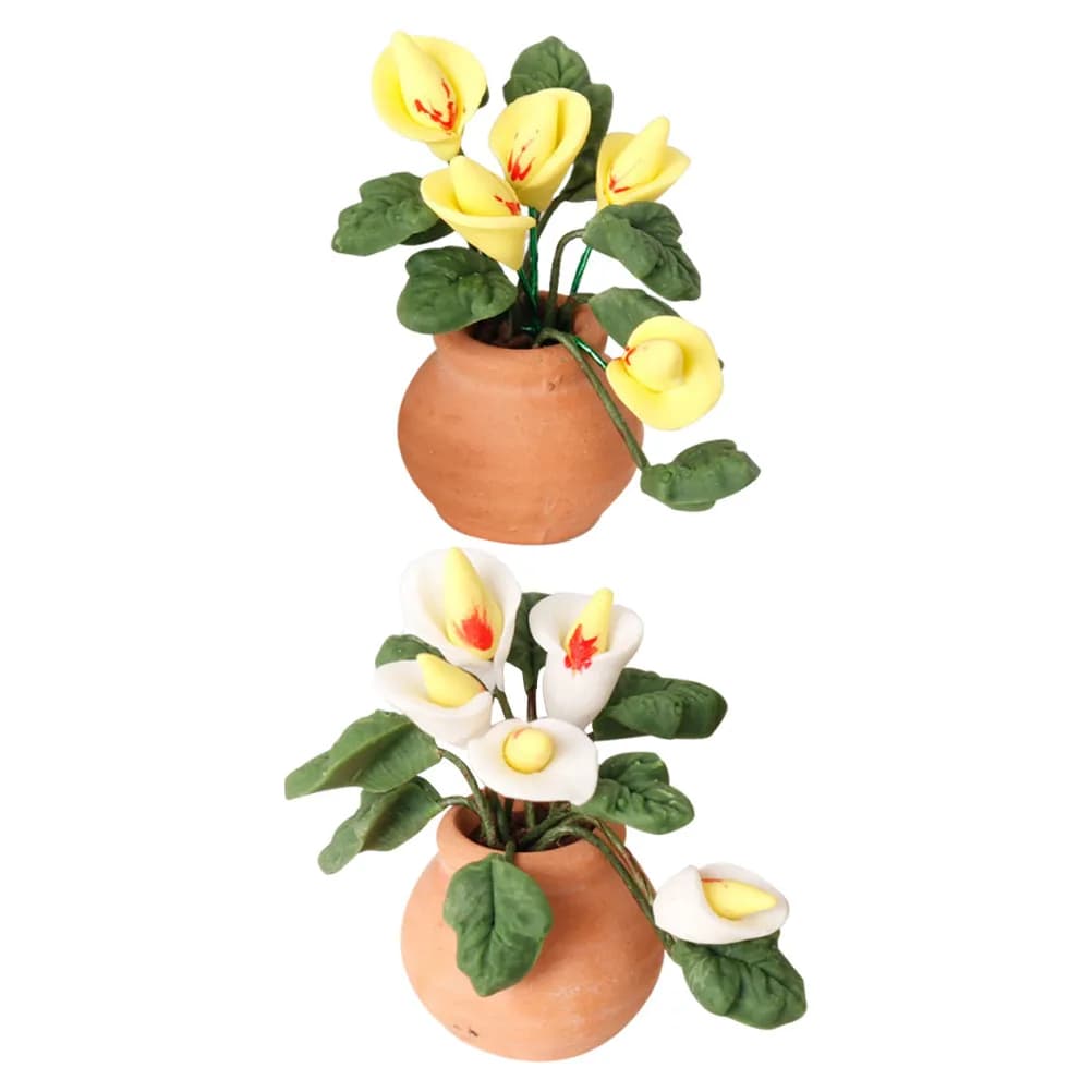 2Pcs Realistic Mini Clay Calla Lily Potted Plants Artificial Tiny Greenery for Miniature Decor Bookshelf Desk Space
