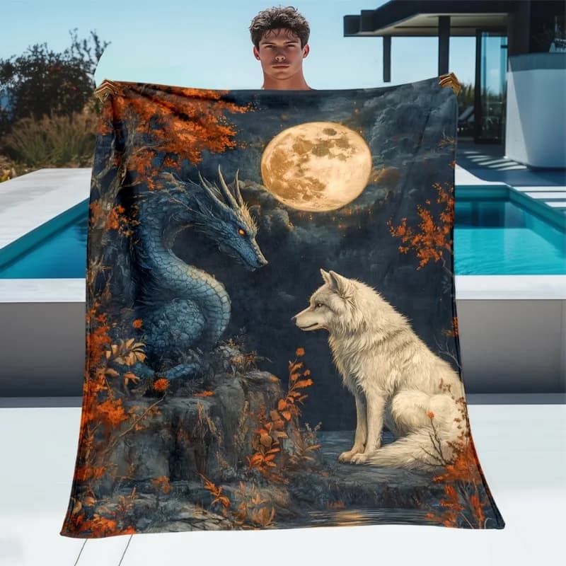 Fantasy wolf and dragon patterns Flannel printed blanket suitable for all seasons suitable living room office sofa and travel