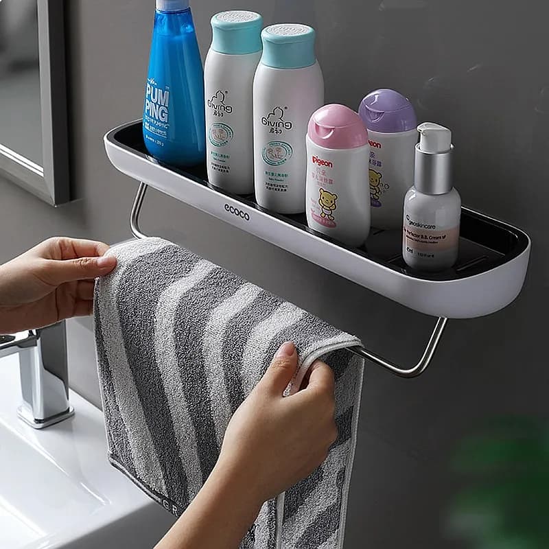 ECOCO Bathroom Storage Rack Shower Shelf Adhesive No Drill Wall Mount Towel Hanger Cosmetic Organizer Kitchen