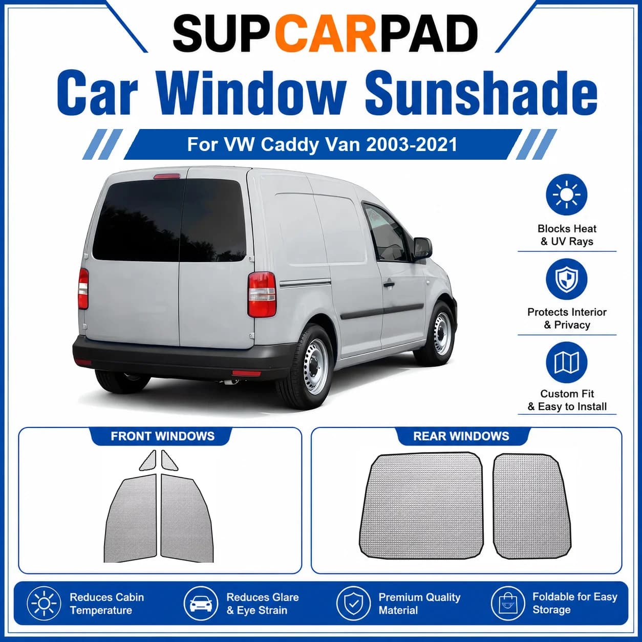 For VW - VW Caddy Van 2003-2021 Full Set Car Window Sunshades UV Block Privacy Heat Insulated Foldable Car Curtain