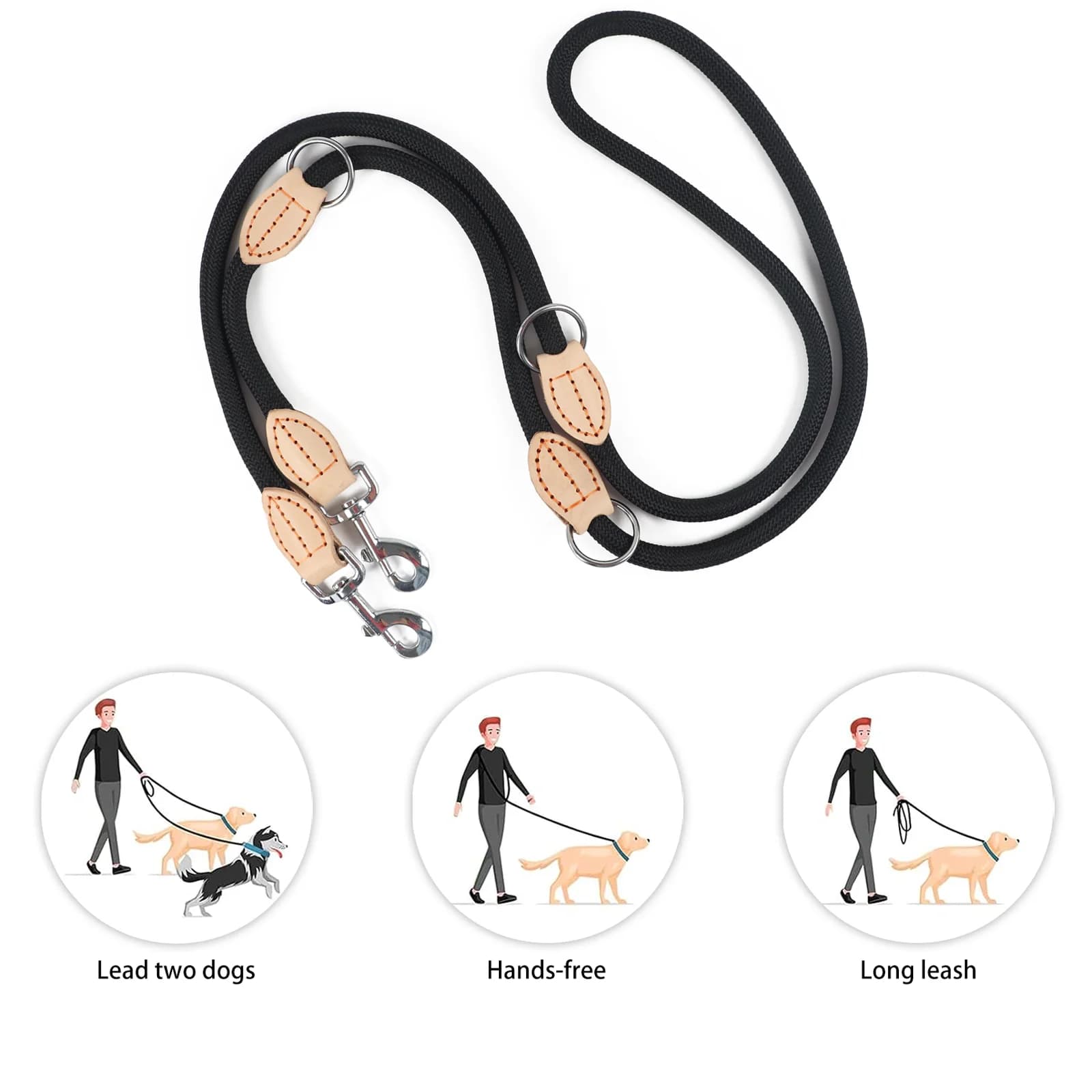 Guinzaglio multiuso per cani doppia, medio regolabile e in nylon, di lusso, a mani libere, per cani di piccola taglia, per 2 cani
