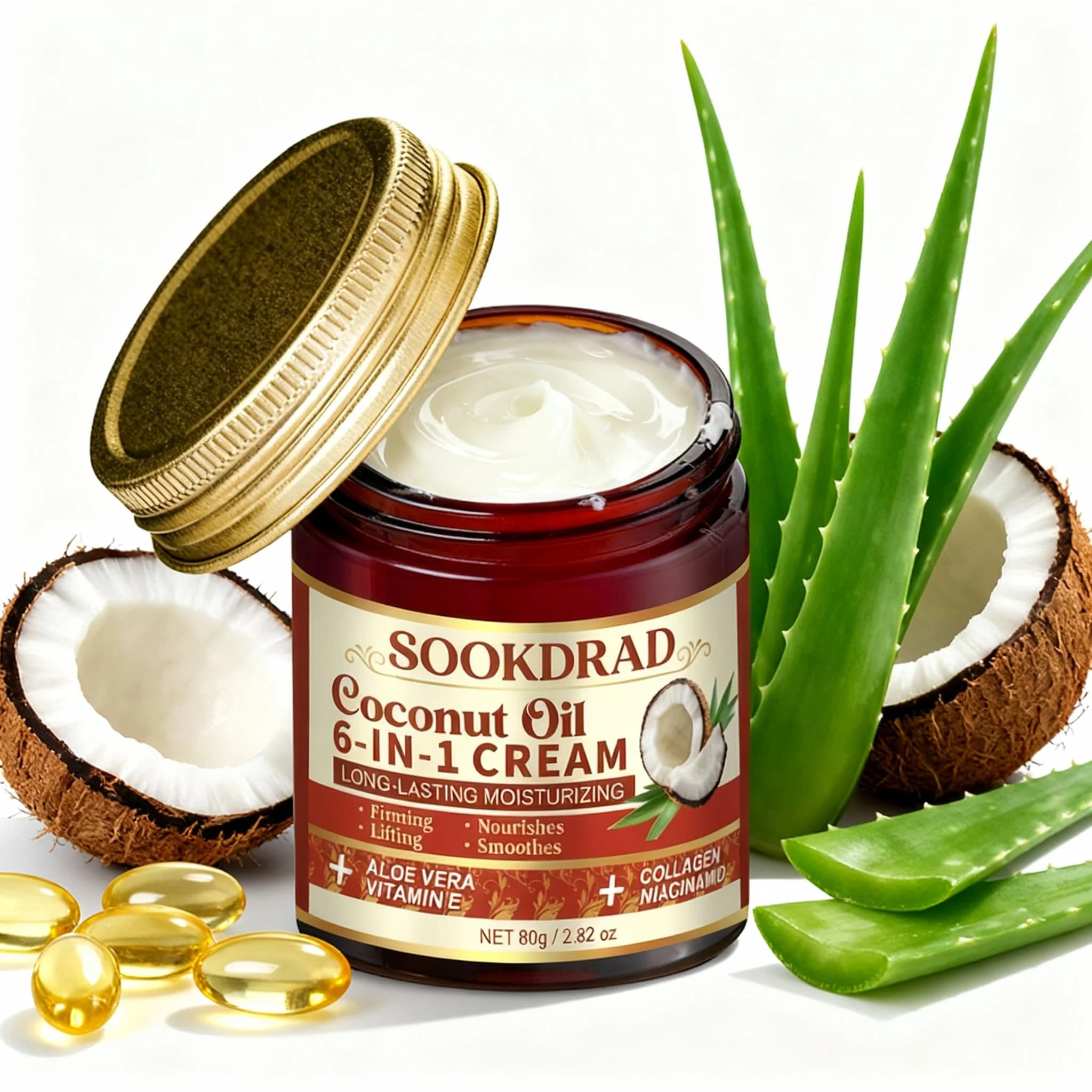 Crema 6-in-1 all'Olio di Cocco, Collagene, Aloe, Vitamina E, Niacinamide, Idratazione Prolungata, Viso e Corpo, Per Tutti i Tipi di Pelle, 80g/2.82oz, Uso Quotidiano