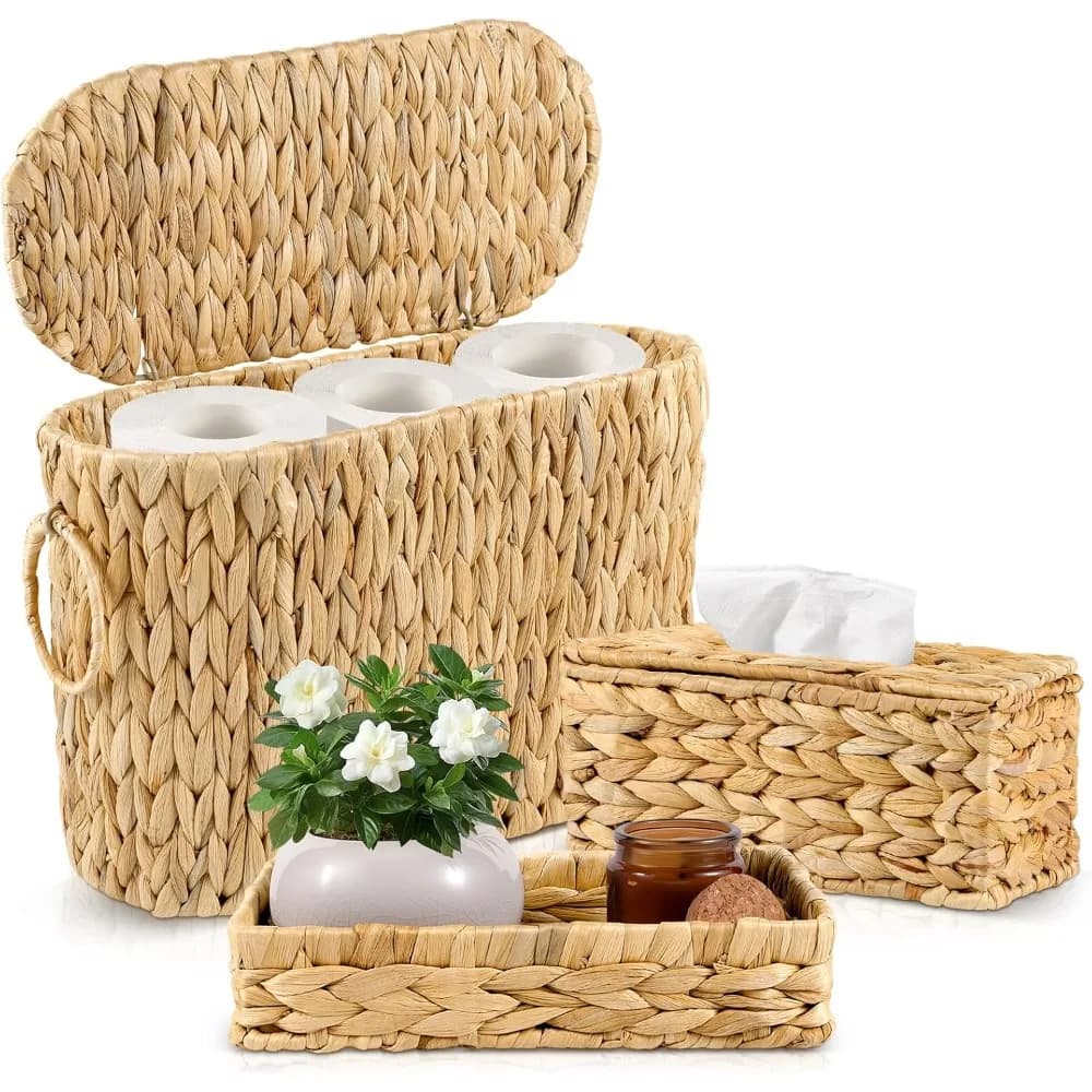 Cestino portaoggetti per carta igienica intrecciata con coperchio Set organizer per porta fazzoletti da bagno