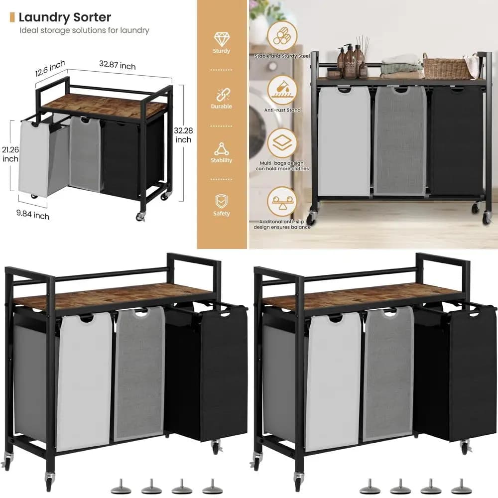 Basket 3 compartments with Wheels, Folding Basket for Clothes, Laundry Room, Bathroom or Bedroom - Black