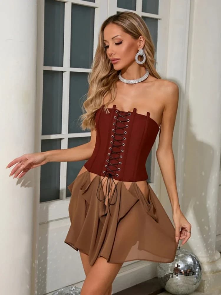 Mini abito sexy con corsetto design con lacci senza spalline da donna senza maniche patchwork senza schienale scava fuori abiti da cocktail per feste serali