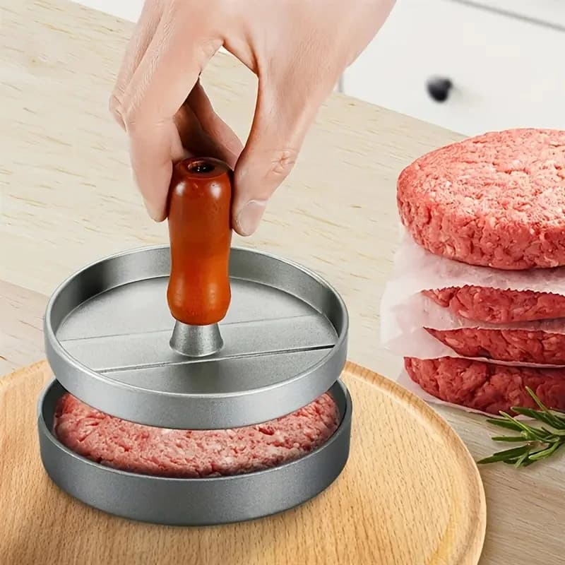 Pressa per hamburger in metallo per uso domestico Macchina per hamburger antiaderente con carta cerata Macchina per hamburger in alluminio per barbecue da cucina